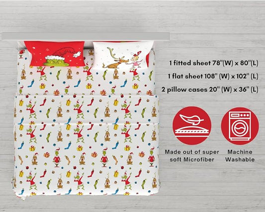Franco Collectibles Dr. Seuss The Grinch Holiday & Christmas Bedding Super Soft Microfiber 4 Piece King Sheet Set, (Officially Licensed Product)