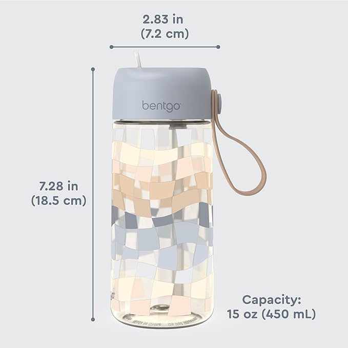 Bentgo Kids Water Bottle (Whimsy & Wonder Collection) - Leak-Proof Durable Tritan 15 oz. Cup for Kids/Toddlers 3+; Flip-Up Safe-Sip Straw for School, Sports, Daycare, Camp & More (Checker Gradient)