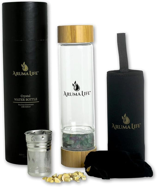 Crystal Water Bottle plus Loose-Leaf Tea/Fruit Infuser, Safe for Hot and Cold Drinks, Eco-friendly Plus BONUS Protective Sleeve & Extra Set of Crystals Coloured Fluorite & Yellow Jasper