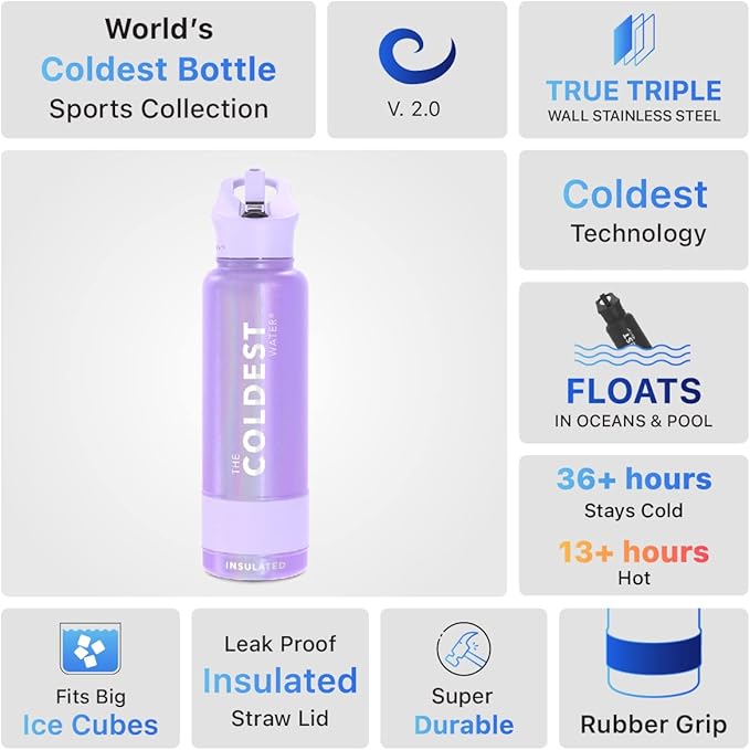Coldest Sports Water Bottle with Straw Lid Vacuum Insulated Stainless Steel Metal Thermos Bottles Reusable Leak Proof Flask for Sports Gym(40 oz, Saturn's Moon Purple Glitter)