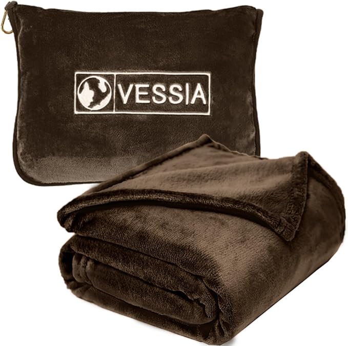 Vessia Travel Blanket for Airplane, Train and Car, Warm and Soft Travel Blanket in Bag for Adults and Kids, Portable Compact Long Flight Blanket with Luggage Sleeve, Backpack Clip(Brown)