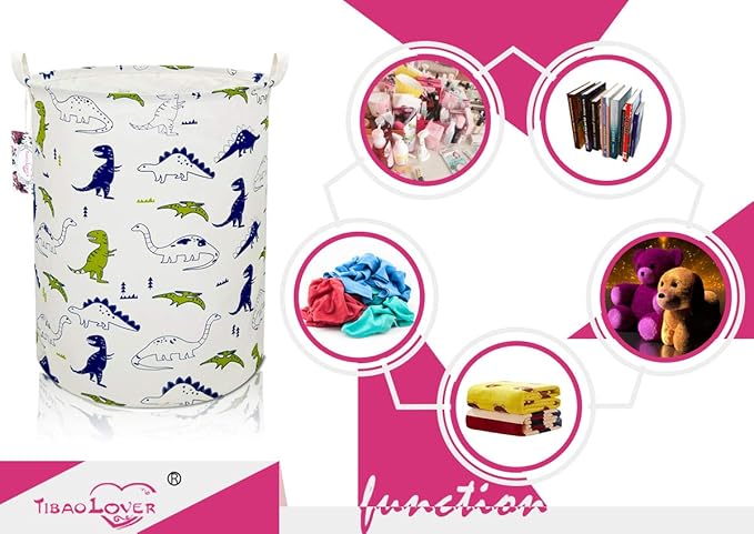 Dinosaur Laundry Basket Baby Laundry Hamper Cute Kids Hamper Toy Storage Bin Handles for Boys and Girls Dinosaur Room Decor (Polychrome Dinosaurs)