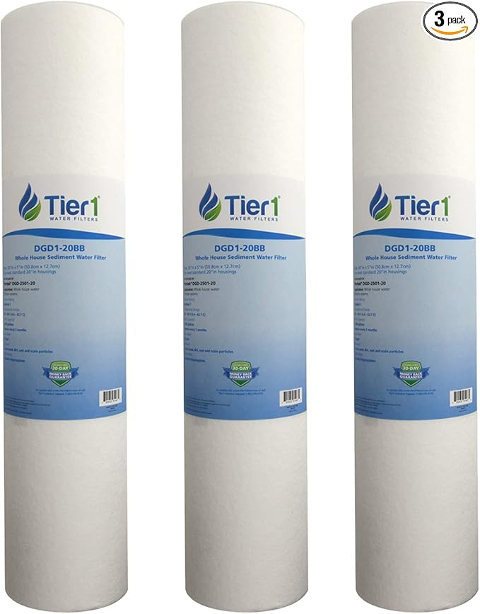 Tier1 1 Micron 20 Inch x 4.5 Inch | 3-Pack Spun Wound Polypropylene Whole House Sediment Water Filter Replacement Cartridge | Compatible with Pentek DGD-2501-20, 155360-43, P1-20BB, Home Water Filter