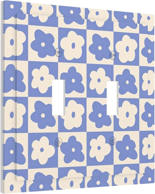 Blue and Cream Floral Checked Plaids Double Toggle Light Switch Covers 2 Gang Wall Plate Dual Decorative Switchplate Electrical Faceplate for Bathroom Country Kitchen Bedroom Decor, 4.9" x 5"