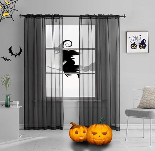 Halloween Decorations Sheer Curtains 108 Inches Long 2 Panels Black Sheer Voile Curtains Window Treatment 108 Inches long Panels Rod Pocket Black Sheers for Bedroom Living Room 2 Panels 52x108