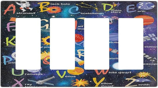 ABC Outer Space 4 Gang Rocker Decora Light Switch Cover Alphabet Galaxy Decorative Outlet Covers Wall Plate Electrical Faceplate Switchplate GFCI for Kidroom Nursery Boyroom Living Room Decor