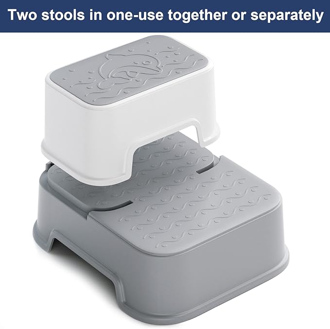 2 Step Stool for Kids (2 Packs),Double up Step Stool for Bathroom,Potty Training,Toilet Stool, Slip Resistant,Two Step Stool for Sink(Grey)