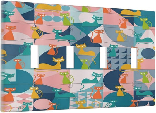 Mid Century Modern Atomic Cute Cats Quad Toggle Light Switch Covers 4 Gang Wall Plate Decorative Switchplate Electrical Faceplate for Kidroom Nursery Bedroom Decor