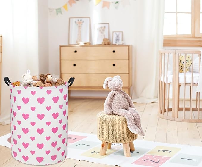 Pink Heart Kids Laundry Basket Baby Hamper Pink Heart Toy Storage Bin for Boys Room Decor Baby Nursery Hamper Gift Baskets for Bedroom Bathroom(Pink Heart)