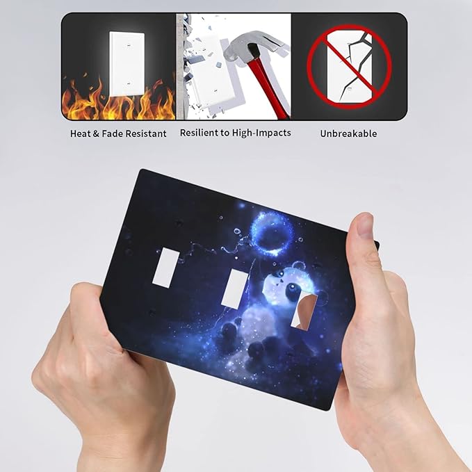 Cute Baby Panda Light Switch Cover Wall Plate Decorative 3 Gang Triple Toggle Covers Blue for Playrooms Bathrooms Farmhouses Living Room 4.5 x 6.38 in