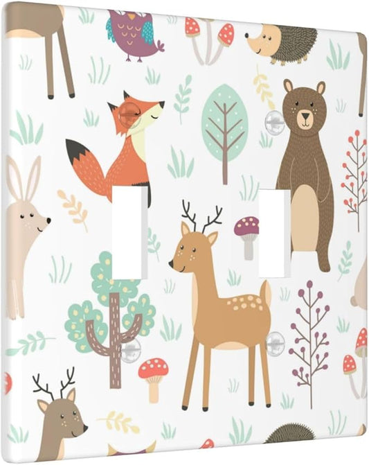Cartoon Animal Deer Bear Fox Light Switch Cover Decorative Double Toggle Plastic Wall Plate Outlet Cover for Women Girls Bedroom Kitchen Living Room Decor 4.5 * 4.5