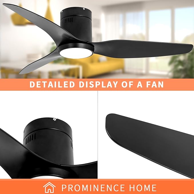 Black Ceiling Fan with Light Remote 52in 6Speed Silent Reversible Motor 3CCT Dimmable LED Flush Mount Low Profile Fan Timer Memory Function Modern Plastic Blade Vacation Mode Indoor Outdoor