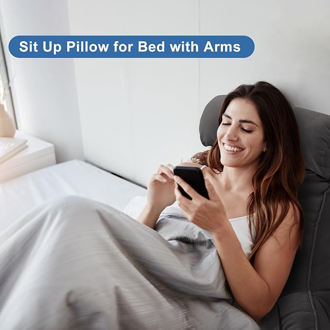 Reading Pillow for Bed Adult Size, Back Pillow for Sitting in Bed, Shredded Memory Foam Bed Chair Pillow with Arms, Pockets, Washable Cover (Dark Grey, Large)