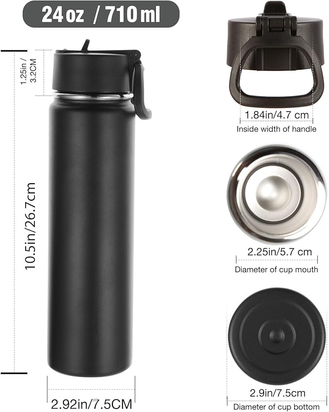 Volhoply 24oz Insulated Water Bottle With Straw Bulk 3 Pack,Metal Wide Mouth Water Bottles With Handle Lid Keep Cold,Reusable Double Wall Thermos,Powder Coated Sport Bottle For Holder(Black,3 Count)