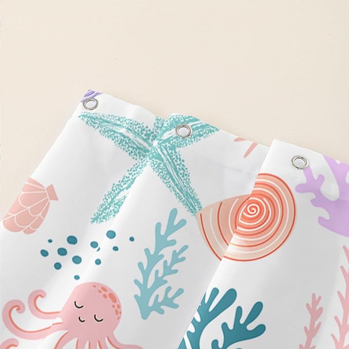 AILONEN Kids Ocean Shower Curtain for Bathroom,Funny Cute Octopus Fish Ocean Under Sea Coral Starfish Bath Curtain for Boys Girls,72" W*84" H Art Waterproof Decor Fabric 12 Pack Hooks