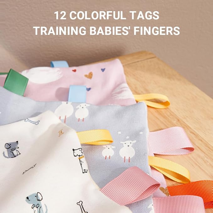 Baby Tags Security Blanket, Sensory Soothing Blanket with Tags,Dotted Backing Taggies Blanket for 3-12 Months Boys and Girls. (Dogs)