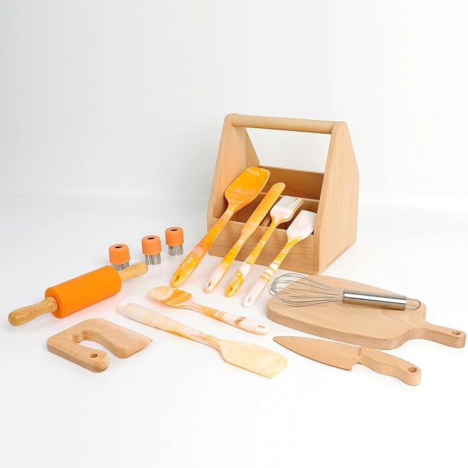 G.a HOMEFAVOR Kids Cooking & Baking Set: 16 Pcs Little Chef Cooking Utensils Kitchen Set with Gourmet Cooking Box, Foldable Chef Hat Apron, Gifts for Girls Boys Juniors(Orange)