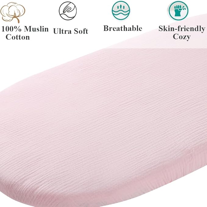 Muslin Bassinet Sheet Compatible with Dream On Me Traveler,Skylar,Lotus,Seashell Bassinet, INFANS Maydolly, Evolur Stellar Bassinet 2 Pack Cotton Fitted Sheets for Baby Grey & Pink