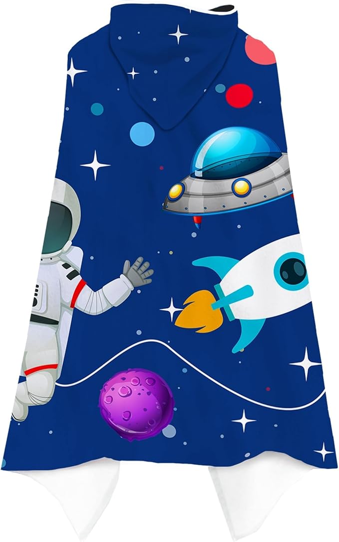 Spaceman Hooded Beach Towel for Kids, Cute Space Man Bath Towel with Hood, Boy Microfiber Super Absorbent Soft Poncho Bathrobe for Swin Pool 30" x 50”