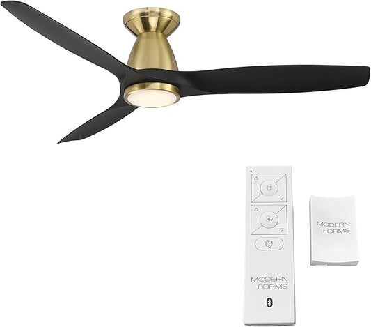 Skylark Smart Indoor and Outdoor 3-Blade Flush Mount Ceiling Fan 54in Satin Brass Black Adjustable CCT 2700K-3000K-4000K-5000K LED Light Kit and Remote Control works with Alexa and iOS or Android App