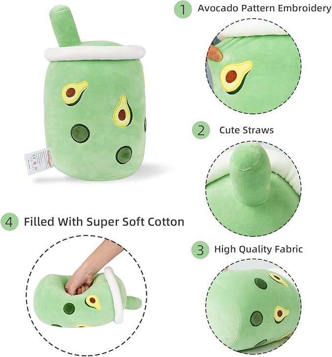 Niuniu Daddy Stuffed Boba Plushies Squishy Bubble Tea Plush Toy Pillow Cute Milk Tea Plushie Adorable Cuddle Pillow Stuffed Food Toy Great Gift for Birthday/Christmas (Avocado, Medium)