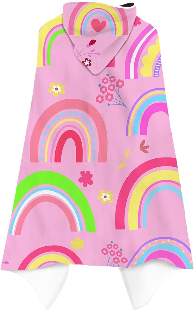 Rainbow Hooded Beach Towel for Kids Girls, Cute Unicorn Bath Towel with Hood, Pink Magic Rainbow Microfiber Super Absorbent Soft Poncho Bathrobe for Swin Pool 30”x50”