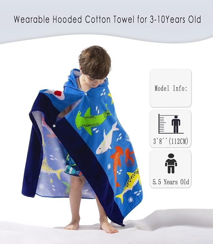 VOOVA & MOVAS Hooded Towel for Toddlers 3-10 Years,Soft | Thick | Cotton | Absorbent | Large Beach | Pool | Bath | Swim Towels | Cover up for Boys, Shark Fish