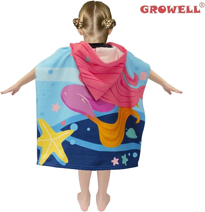 Hooded Kids Beach Towels - Toddler Bath Towel Girls Boys Swim Cover-ups for Ages 1 to 6 Kids Pool Towels Quick Dry Lightweight Soft Microfiber Poncho Towel 24x24 (Mermaid Starfish), Large