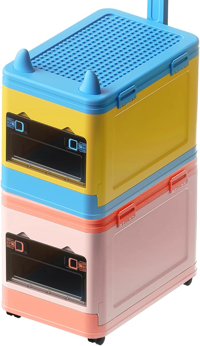 Collapsible Kids Storage Box with Building Base for Lego Toy Organizer Bins with Lids and Wheels Stackable Toys Chest Containers Building Block Bricks Storage Case for Children