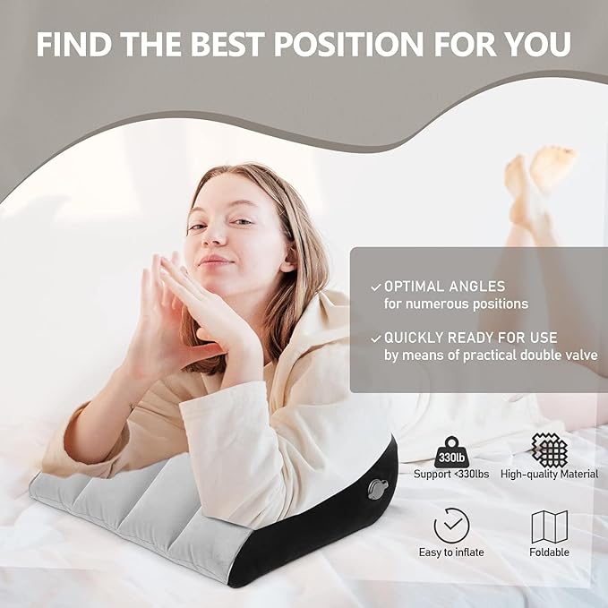 Inflatable Wedge Pillow - Leg Pillow for Sleeping, Leg Elevation Pillow, Lumbar Pillow Reduces Waist and Back Pressure, Portable Wedge Cushion for Sleeping, Bed, Travel, Camping, Grey
