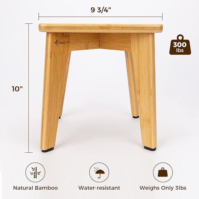 StrongTek Bamboo Step Stool for Kids and Adults, Eco-Friendly, Sturdy and Versatile Short Foot Stool for Bathroom, Kitchen, Bedroom, Compact 10-inch Small Wood Stool, Plant Stand (Natural)