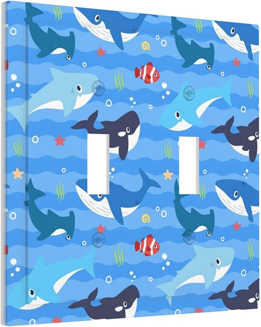 Sharks and Ocean Fish Double Toggle Light Switch Covers 2 Gang Wall Plate Dual Decorative Switchplate Electrical Faceplate for Bathroom Country Kitchen Bedroom Decor, 4.9" x 5"