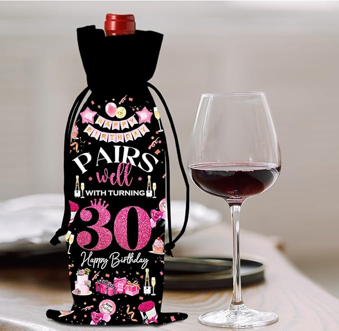 30th Birthday Gifts for Her Women Men Wine Bag, 30 Year Old Birthday Gifts for Women Men, Happy 30th Birthday Party Decorations for Her Him, Pairs Well with Turning 30 Wine Bags (Black Pink)