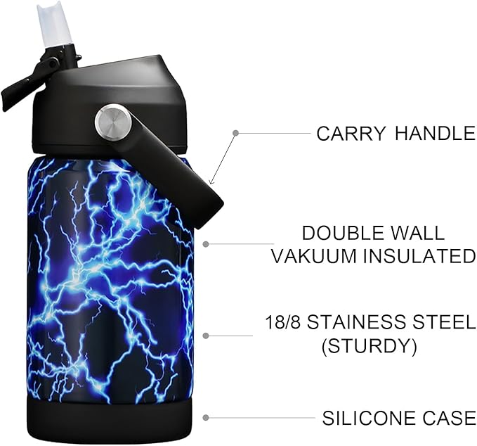 Kids Insulated Water Bottle with Straw,12oz Toddler Cups with Stainless Steel Leak Proof for School Boys Girls(Lightning)