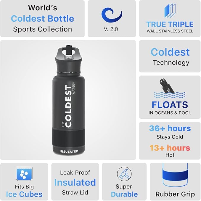 Coldest Sports Water Bottle with Straw Lid Vacuum Insulated Stainless Steel Metal Thermos Bottles Reusable Leak Proof Flask for Sports Gym (32 oz, Interstellar Glitter)