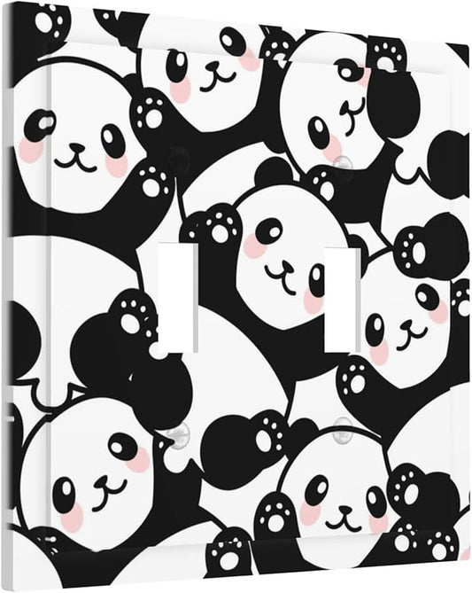 Cute Panda Double Toggle Light Switch Covers 2 Gang Wall Plate Dual Decorative Switchplate Electrical Faceplate for Bathroom Country Kitchen Bedroom Decor, 4.9" x 5"