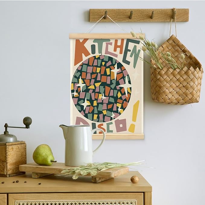 BIWSHA Kitchen Disco Posters Retro Preppy Disco Ball Canvas Poster Framed Hanger 12x16 Inch,Trendy Funny Disco Poster Framed with Wood Hanger for Home Kitchen