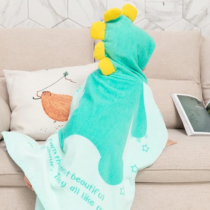 TONWHAR Kids Bath/Pool/Beach Hooded Poncho Towel-Cartoon Animal Pattern Cotton Beach Towel for Baby and Kids (Light Green Dinosaur, 1-4 Years/Height:33.4"-43.3")