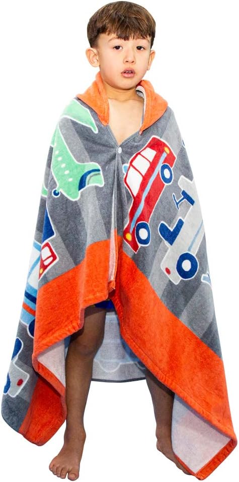 Wowelife Hooded Bath Towels Helicopter, 100% Cotton Kids Bath Towel for Boys Airplane,Truck and Taxi, Ultra Soft and Super Absorbent 30 x 60 Inch(Included Hooded)(Grey Vehicle)