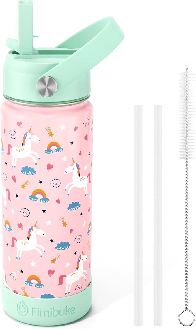 Fimibuke Kids Insulated Water Bottle - 18oz BPA-FREE 18/8 Stainless Steel Kids Cup with Straw Travel Tumbler Double Wall Vacuum Leak Proof Toddler Water Bottle for School Boys Girls(1 Pack, Unicorn)