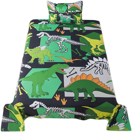 qjmiaofang Kids Dinosaur Twin Sheets for Boys Dinosaur Bed Sheets 3Pieces T-Rex Fitted Sheet Animals Dinosaur Bedding Set Bones Dinosaur Flat Sheet Including 1 Fitted Sheet 1 Flat Sheet 1 Pillowcase