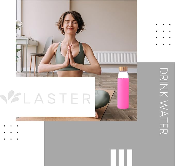 Laster Glass Water Bottle 20 Oz, 600 ml, made of Borosilicate Glass, 1 Bamboo & 1 Stainless Steel Lid, BPA Free, Non-Slip Silicone Sleeve (Barbie Pink)
