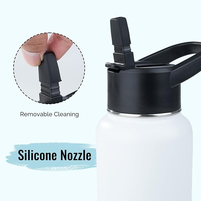 Stainless Steel Water bottle with Straw & Wide Mouth Lid, Wide Rotating Handle, 40oz Double Wall Vacuum Insulated Water Bottle Leak Proof, BPA Free, Keep Cold and Hot, 40oz, White