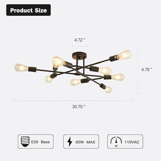 ZGLAOJT Black Semi Flush Mount Ceiling Light Fixture,9 Light Modern Metal Chandelier,Ceiling Light for Kitchen Farmhouse Island Dining Room Bedroom