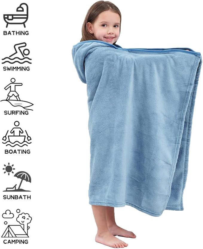 Hiturbo 2Pcs Kids Fleece Hooded Towel: Soft Plush Warm Blanket - 50"x30" Pool Beach Bath Swim Towel Wrap for 3-12 Yrs (Blue)