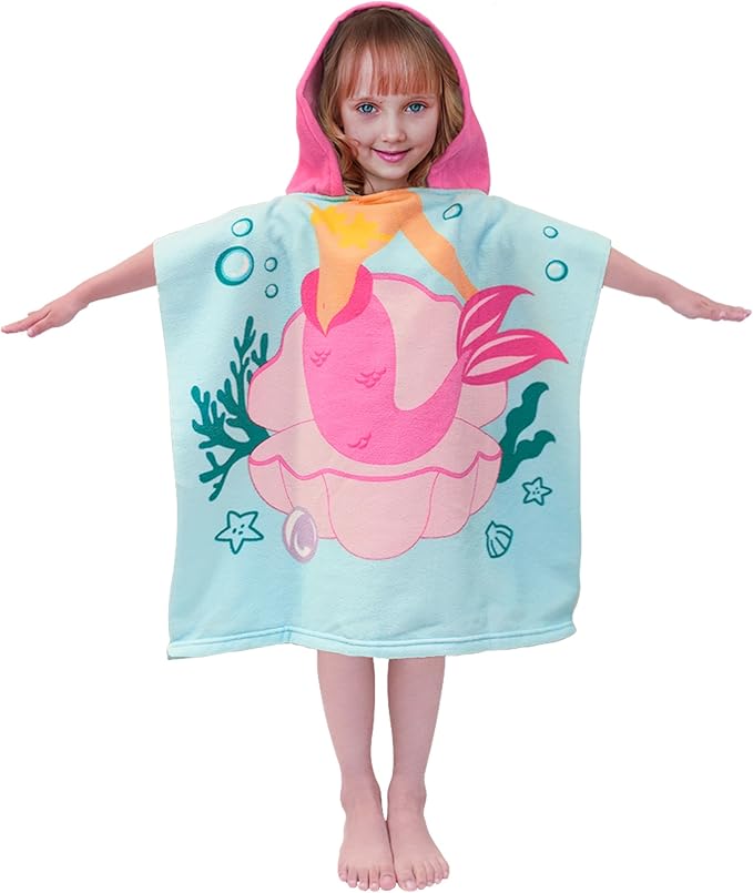 Hooded Kids Beach Towels - Toddler Bath Towel Girls Boys Swim Cover-ups for Ages 1 to 6 Kids Pool Towels Quick Dry Lightweight Soft Microfiber Poncho Towel 24x23 (Mermaid Seashell)
