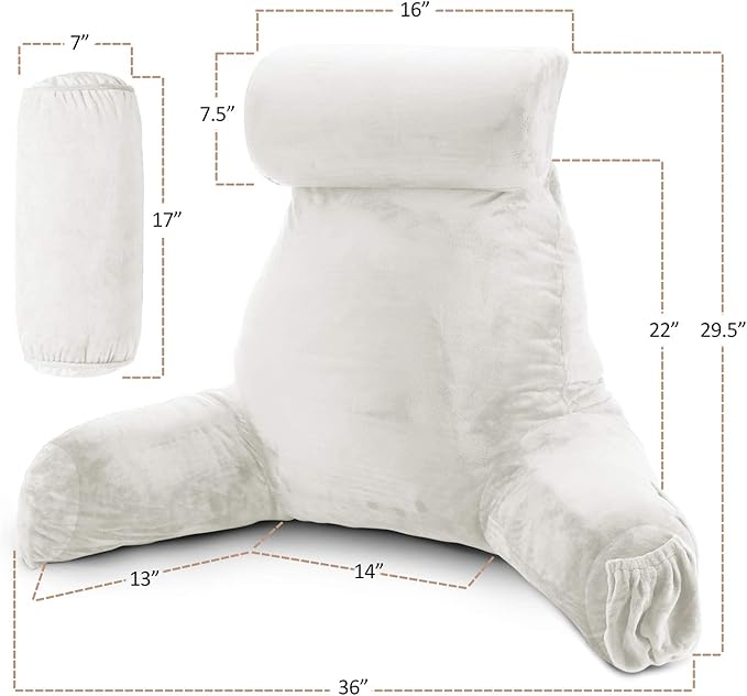 Nestl Reading Pillow Large Bed Pillow, Back Pillow for Sitting in Bed Shredded Memory Foam Chair Pillow, Reading & Bed Rest Pillows White Back Pillow for Bed, Bed Chair Arm Pillow with Pockets