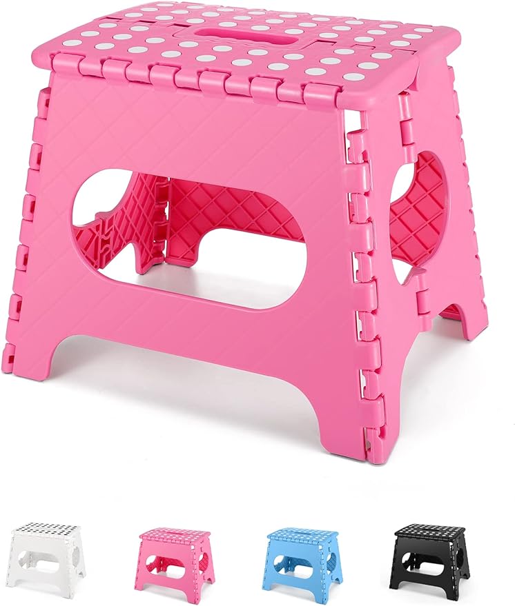 Folding Step Stool 11", Durable Kids Step Stool, Heavy Duty Step Stools for Adults, Compact Foot Stools, Light-Weight Toddler Step Stool for Kitchen, Bathroom, Holds Up to 300 lbs (Pink)