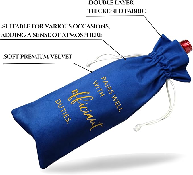 Wedding Officiant Wine Bag,Officiant Wine Bag,Pairs Well With Wedding Officiant Duties,Officiant Gift,Officiant Wedding Gift, Burlap Drawstring Wine Bag (Officiant-Blue)