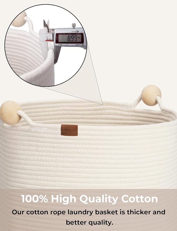 StorageWorks 58L Cotton Rope Laundry Basket with Wooden Beads Handles, Woven Basket for Storage, Dirty Clothes, Kids Toys, Towels, White & Light Brown